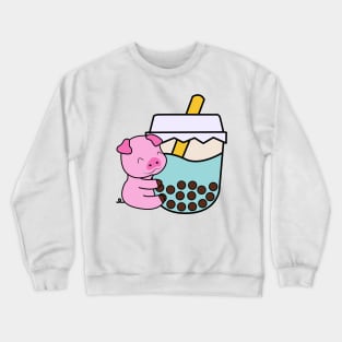 Kawaii Cute Happy Baby Pig Hugs Sweet Bubble Tea Blue Boba Tea Crewneck Sweatshirt